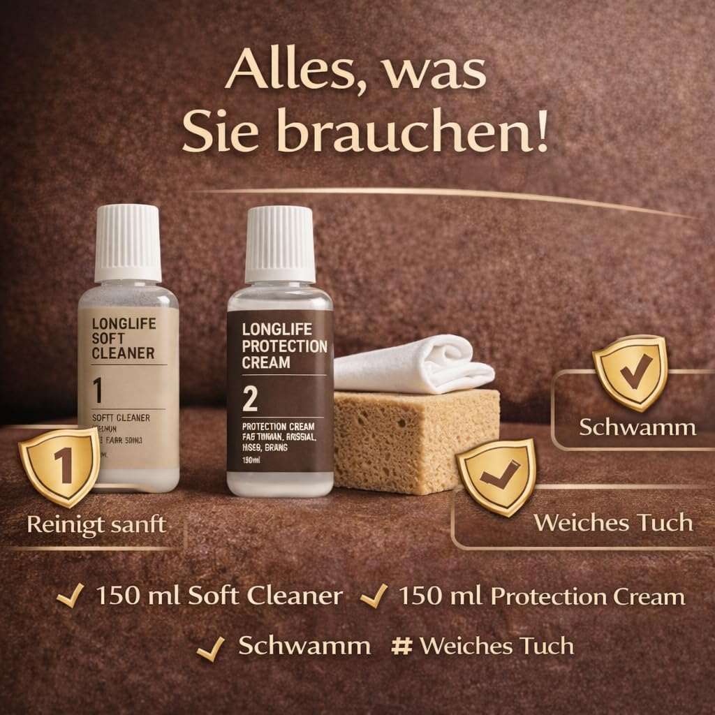 Uniters Longlife Leather Care Kit d'entretien du cuir 2 x 150 ml nettoyant et crème de protection pour cuir avec éponge et chiffon, nettoyage, entretien et protection pour cuir lisse, canapé, fauteuil
