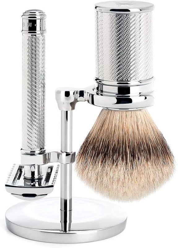 MÜHLE Conjunto de Barbear com Aparelho de Segurança de Pente Aberto e Pincel Silvertip Badger, Acabamento Cromado