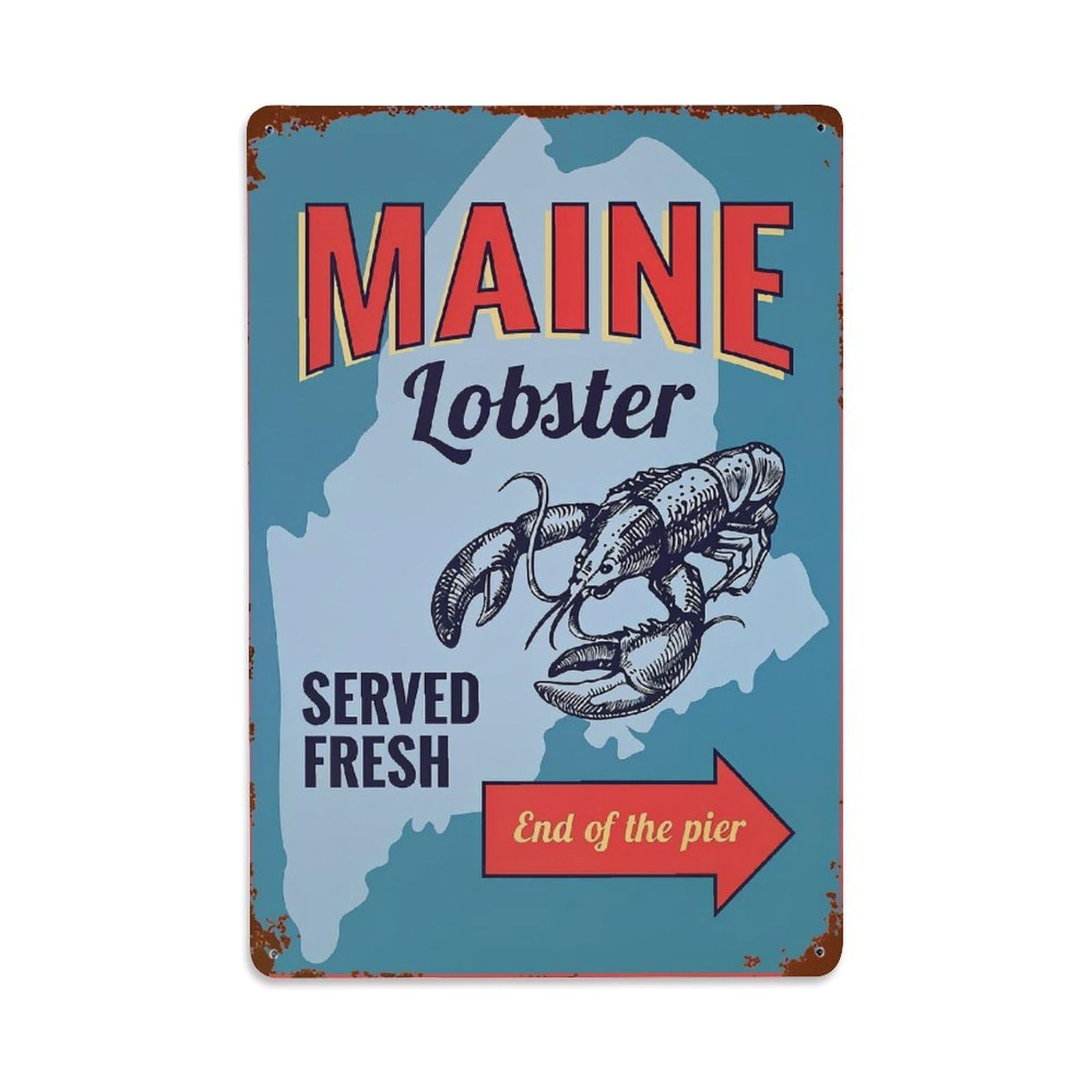 Jdfenggu Vintage Maine Lobster Served Fresh End Of The Pier Retro Metal Tin Sign, Decor Art Poster For Bar, Home, Man Cave, Kitchen, Laundry Room Gift 8X12inch