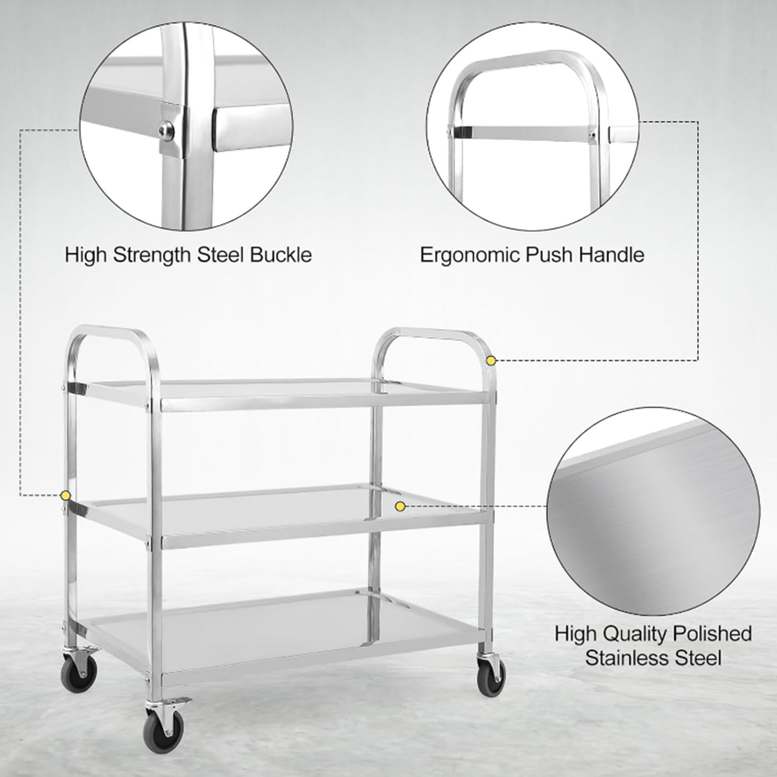 Carrello Portavivande Carrello di Servizio Carrello Cucina RCSW-3R (Acciaio Inox, 3 Ripiani, 150 Kg Portata Massima, 4 Ruote, Spessore Vassoio 3 Cm)(95x50x95cm)