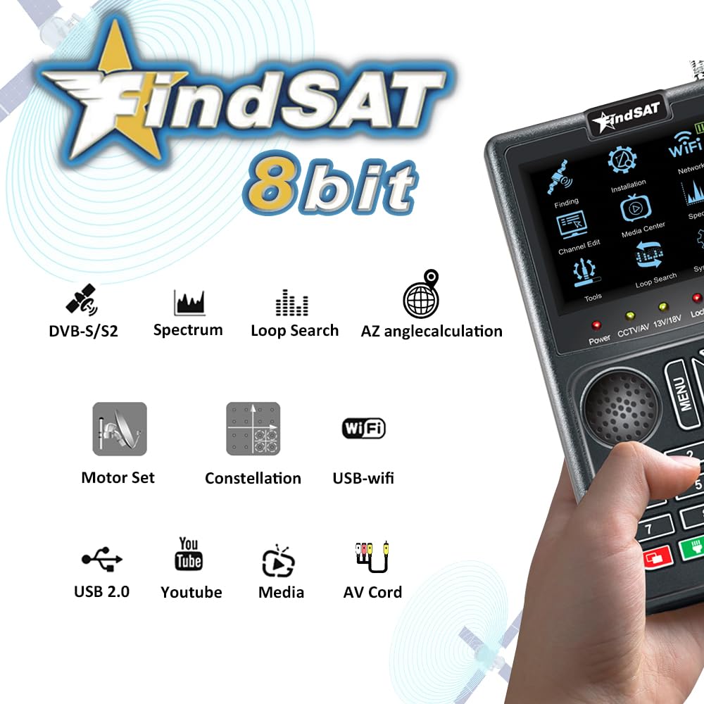 VF6900 Medidor de Campo DVB-S/S2, Medidor Señal Satelite con Imagen de TV, Buscador Satelite Parabolica Pantalla LCD HD de 3,5" con Espectro/Scr/Dcss