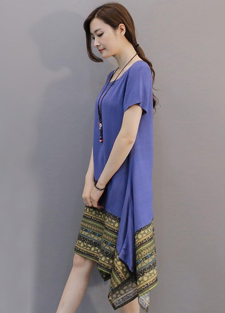 Minibee Women's Ethnic Cotton Linen Short/Long Sleeves Irregular Dress - Image 2