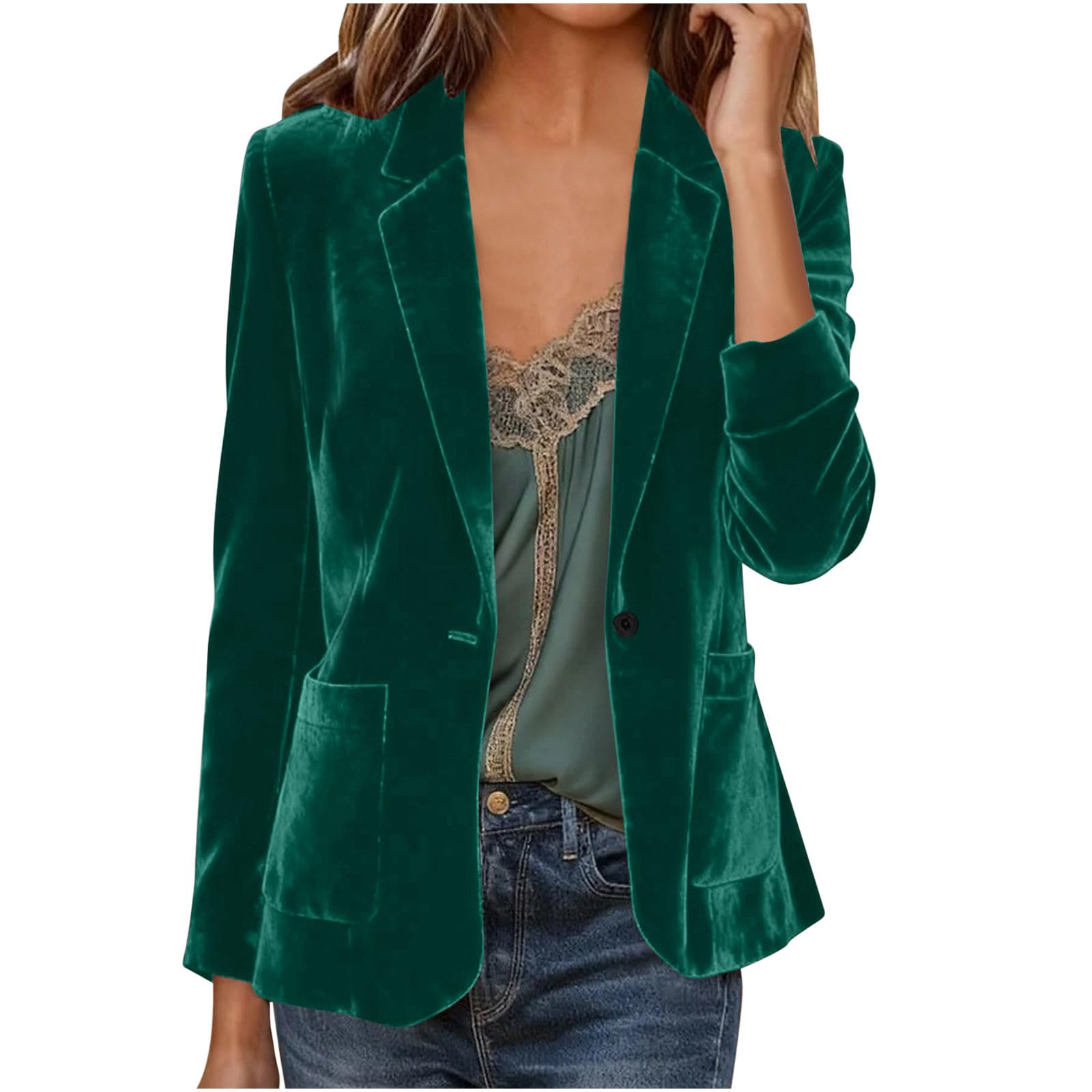 Velvet Lapel Collar Blazer for Women Solid Color Classic Casual Work Office Blouses Soft Smooth Jacket Coat