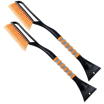 AstroAI 2 Pack 27" Snow Brush and Ice Scrapers for Car Windshield, Detachable Snow Scrapers with Ergonomic Foam Grip for Cars, Trucks, SUVs (Heavy Duty ABS, PVC Brush, Orange)
