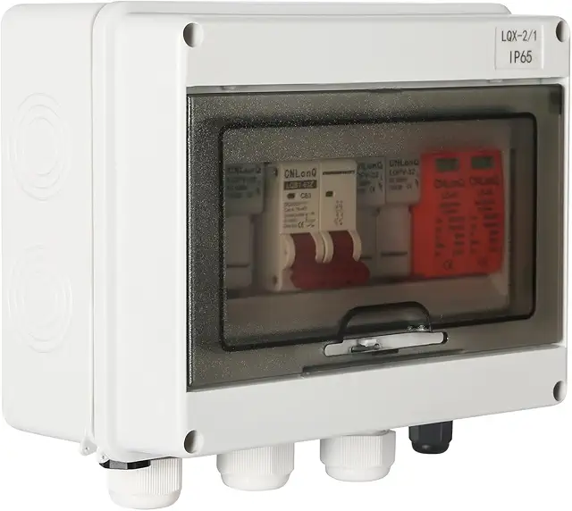 Imagen relacionada con Jadeshay Caja Combinadora Fotovoltaica,DC500V 32A Caja de Distribución Solar Interruptor de Aislamiento Caja de Combinación de Energía Solar para Sistema Panel Solar Fotovoltaico