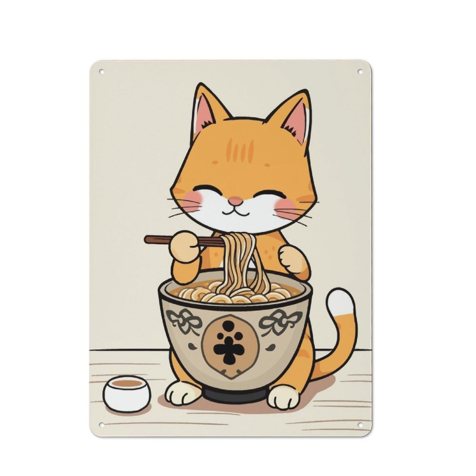 Junmoney Cute Cat Eating Ramen For Hobby Room Or Studio, Rustic Metal Sign 40X30cm, For Creative Interior Collectors Refreshing A Room In Autumn