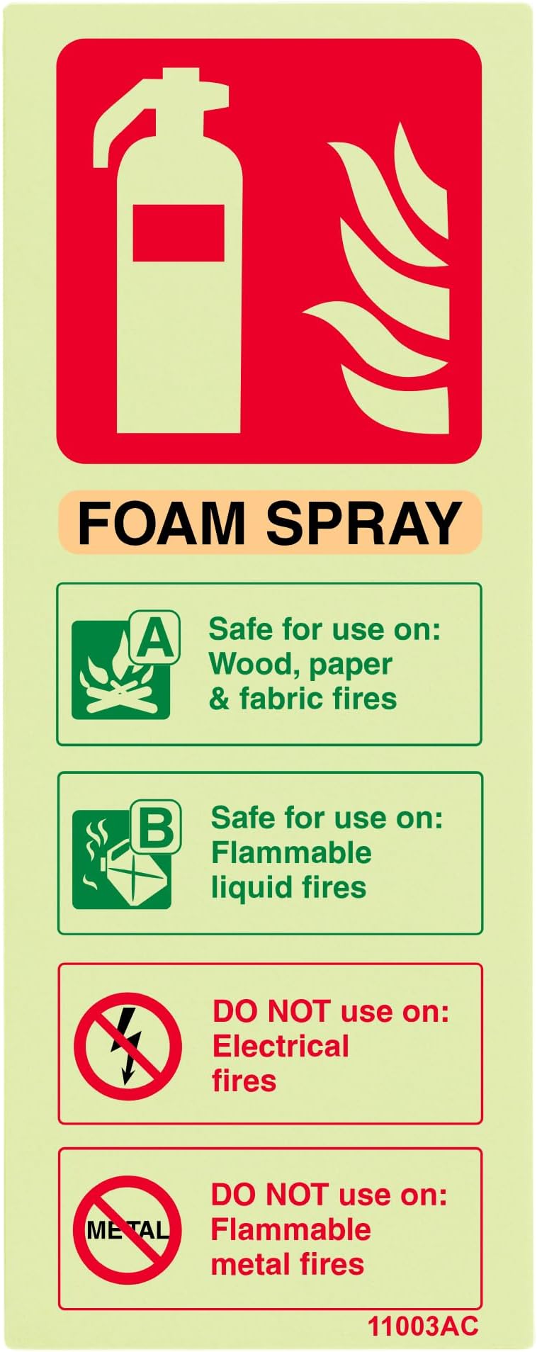 V Safety 11003AC-G Glow In The Dark Foam Spray Id Not Electrical Safe Fire Extinguisher Sign - 75mm x 200mm - Rigid Plastic, Beige/Black/Green/Red