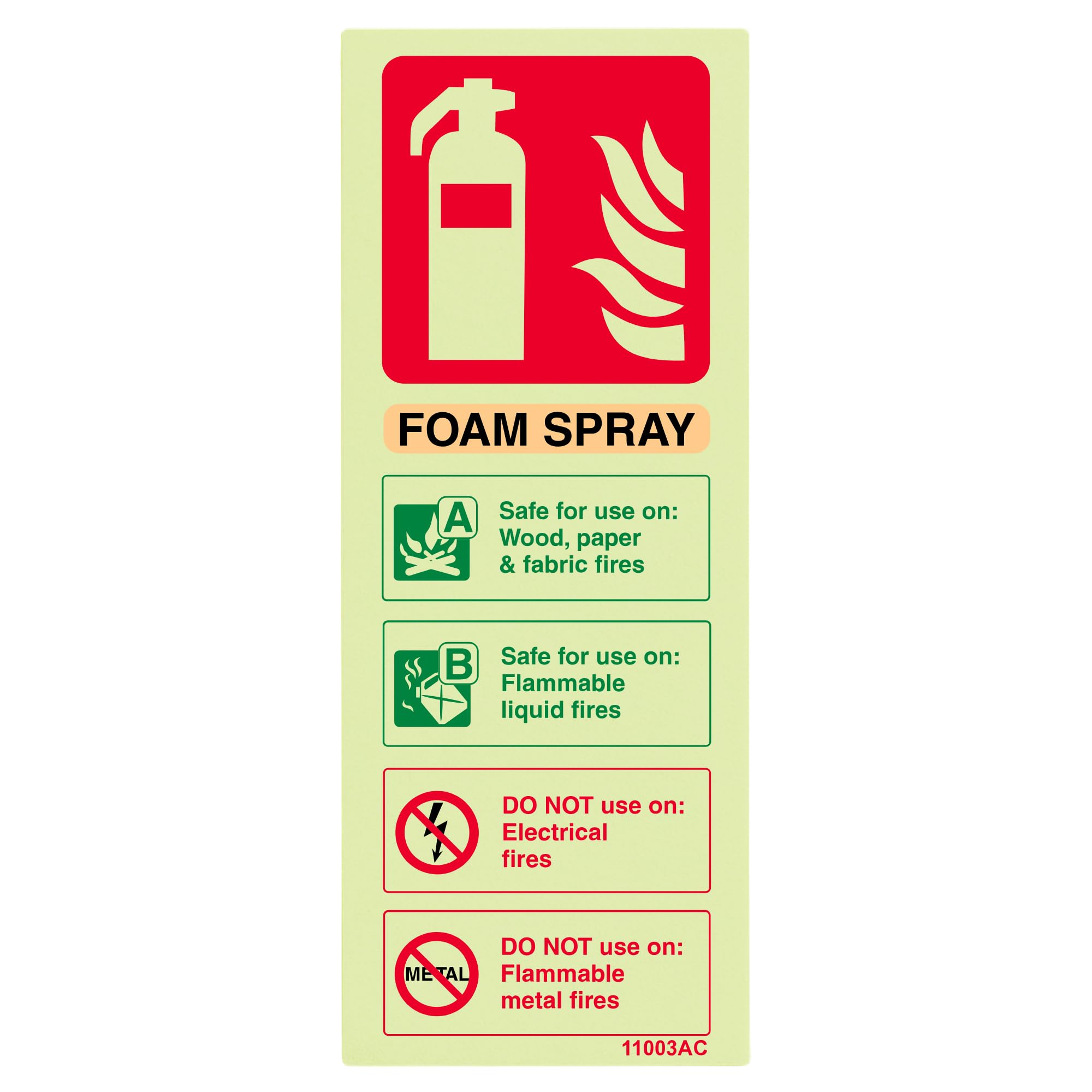 V Safety 11003AC-G Glow In The Dark Foam Spray Id Not Electrical Safe Fire Extinguisher Sign - 75mm x 200mm - Rigid Plastic, Beige/Black/Green/Red