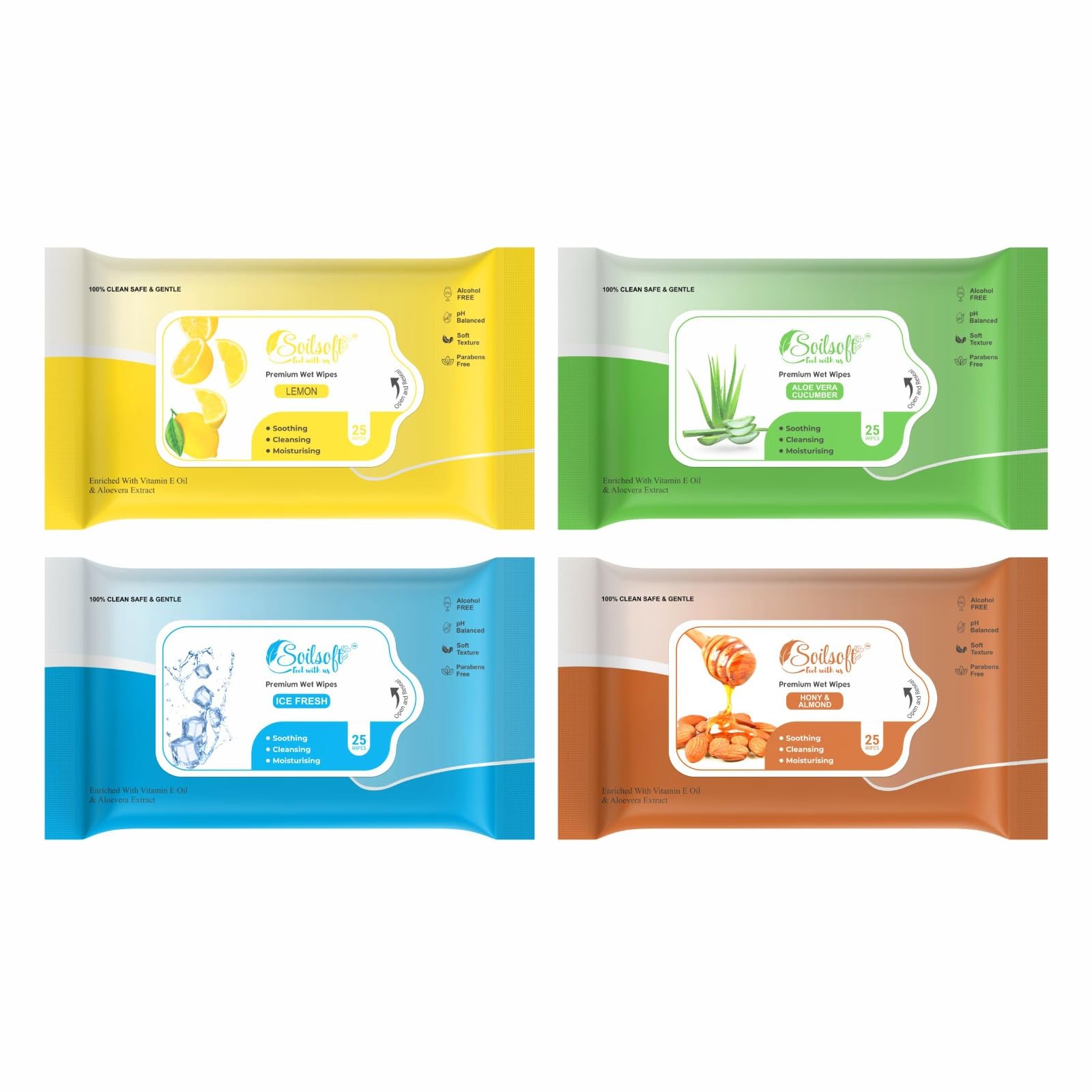 Soilsoft Fresh Lime Wet Wipes 25 Sheets | Alcohol Free Face & Hand Cleansing Wipes | pH Balanced Refreshing Moist Wipes | Travel Size Gentle Skin Care Resealable Pack (LEM + AL + IC + H&A)-image-8
