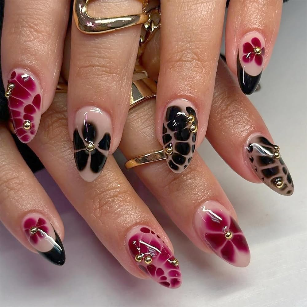 SXVME Red Black Press on Nails Short Almond with Floral Pattern Full Cover  Natural Nude False Nails Short Stiletto, Black French Tip Fake Nails