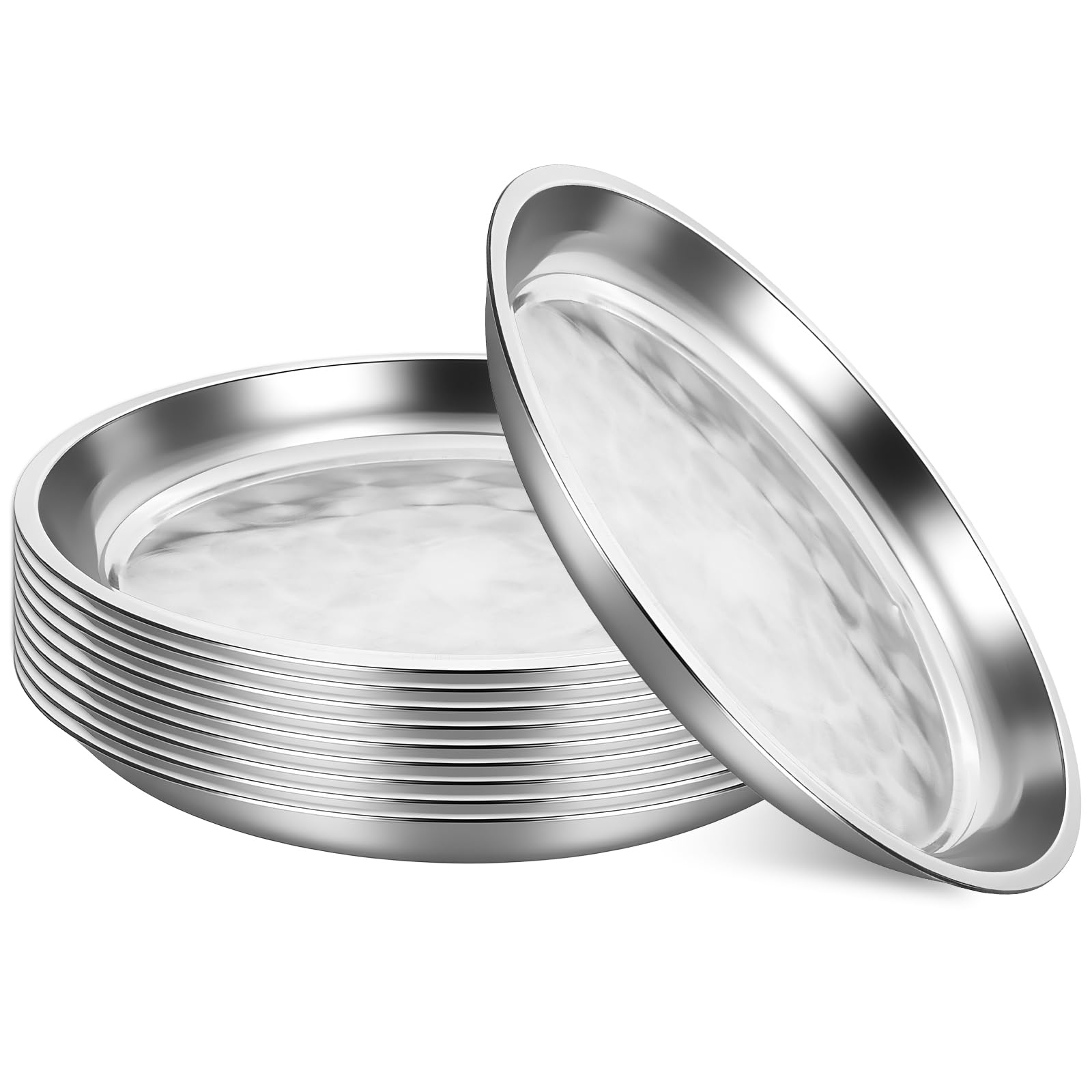 10 Pack Stainless Steel Round Serving Tray, 12 Inch Silver Serving Bar Serving Platter Sturdy Silver Metal Display Tray for Coffee Table Party Club Home Ottoman
