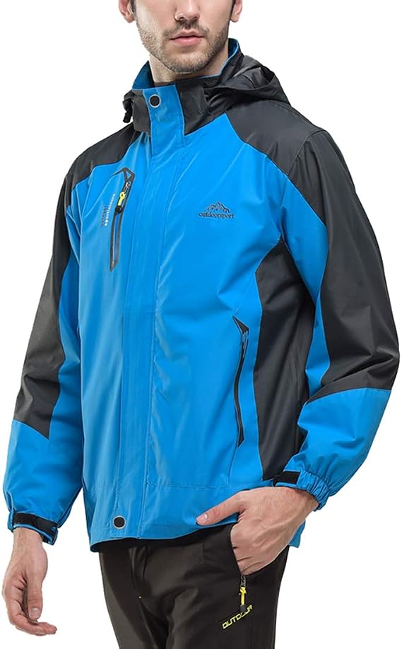 Mens Waterproof Rain Jacket Outdoor Hooded Windproof Coat for Hiking Fishing
