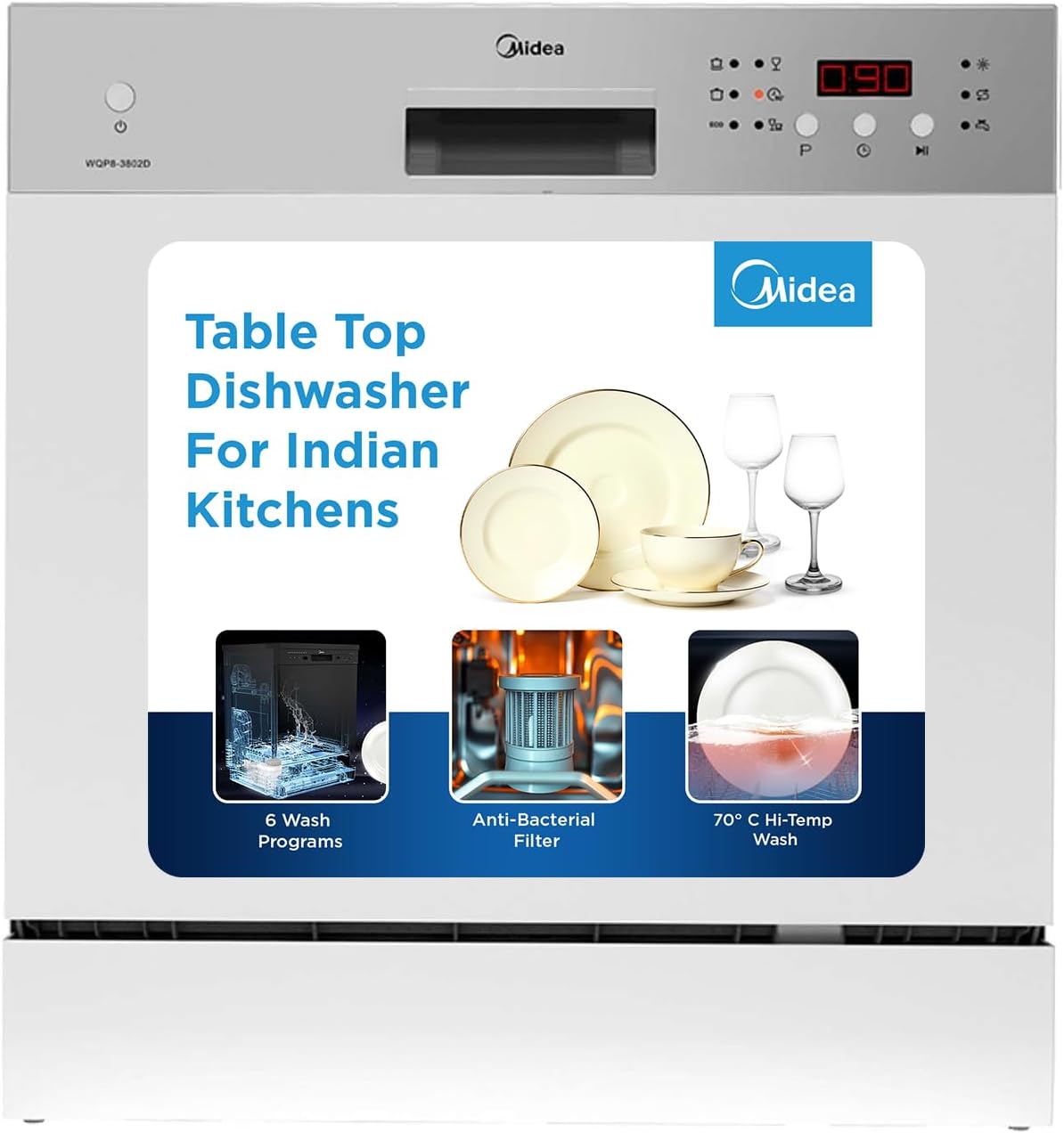 Midea 8 Place Setting Table Top Dishwasher (WQP8-3802D, Silver)