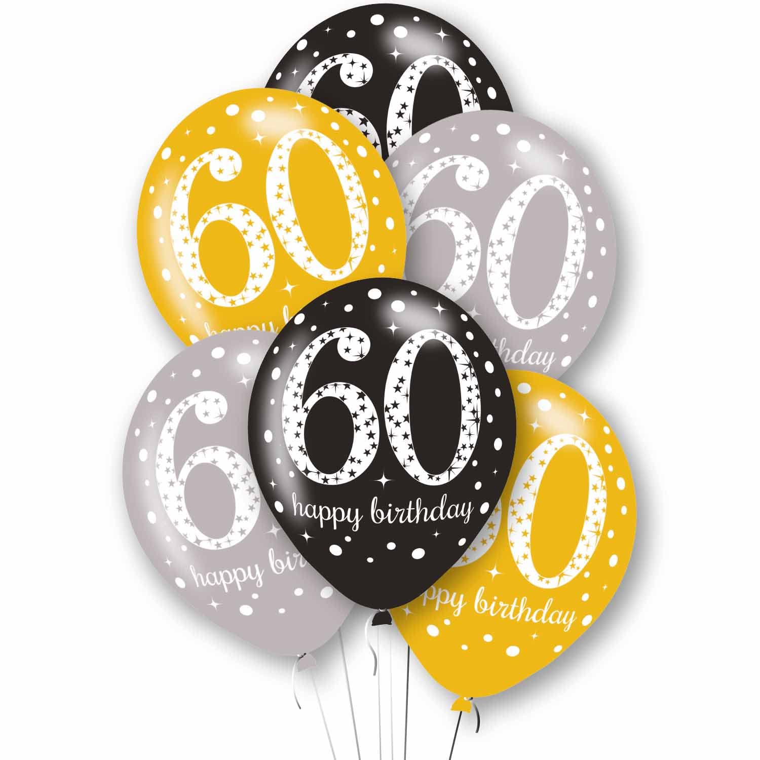 Amscan 9912761 - Black, Silver & Gold 60 Happy Birthday 11" Latex Balloons - 6 Pack