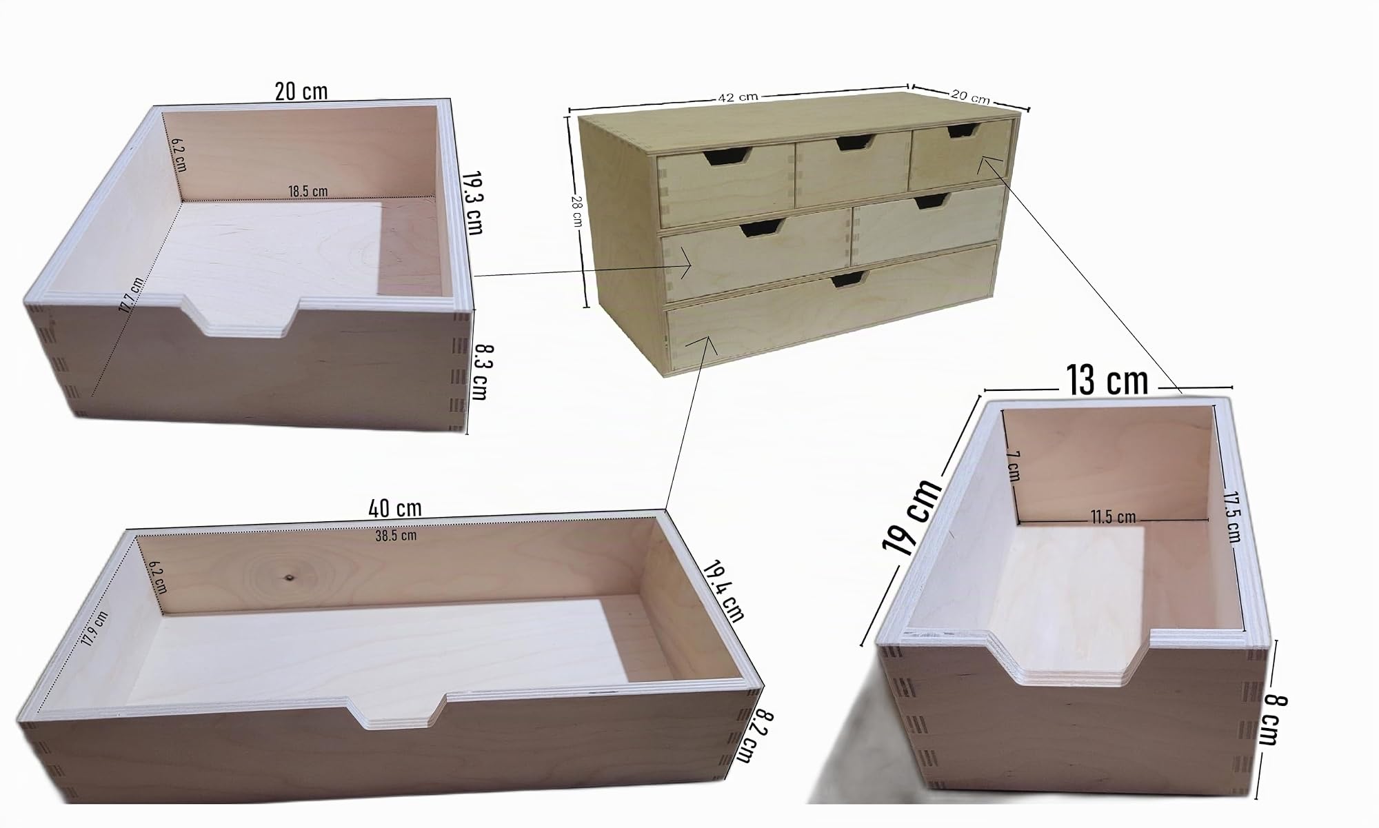 Wooden World Aufbewahrungsbox aus schlichtem Holz mit 6 Schubladen 42 cm x 28 cm x 20 cm
