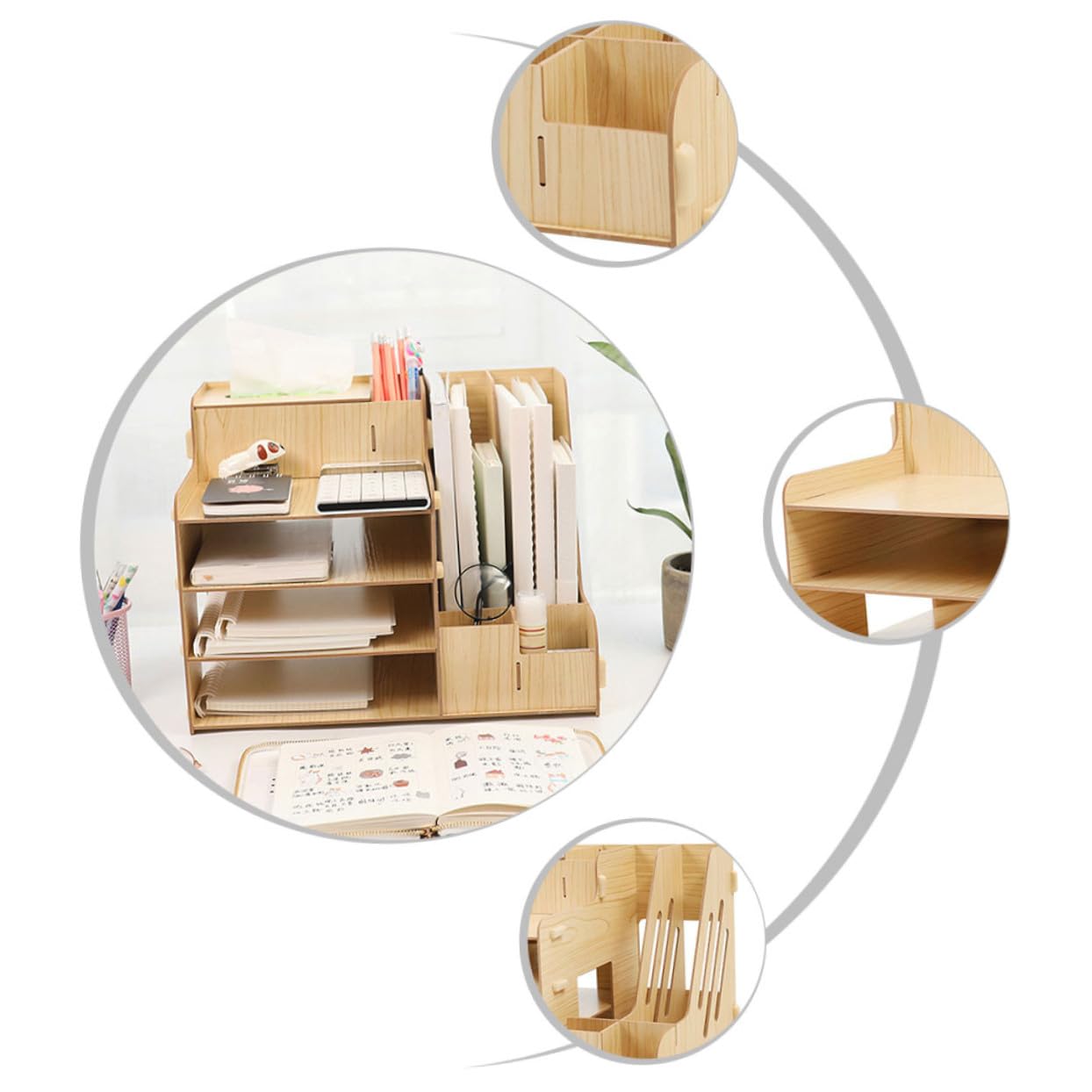 Organizador de Escritorio de Madera de Tamaño Mediano Cajones Extraíbles, Múltiples Compartimentos, para Oficina y Estudio, Soporte para Documentos y Papelería