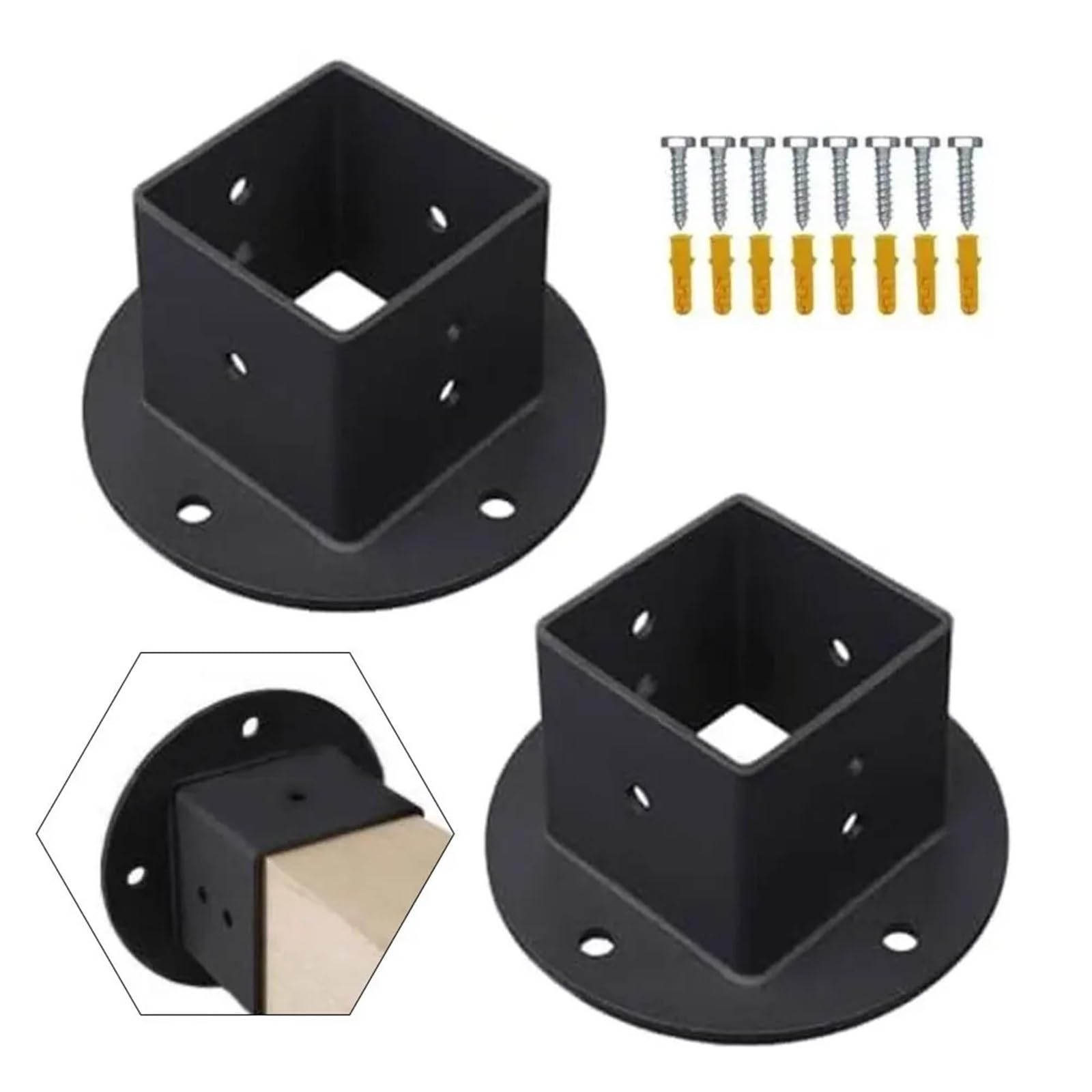 Kit di supporto per base in metallo, 2 pezzi, colonna di flan per pavimento, ancoraggio quadrato, palo per recinzione, robusto muro nero per pali in legno per uso esterno, facile installazione