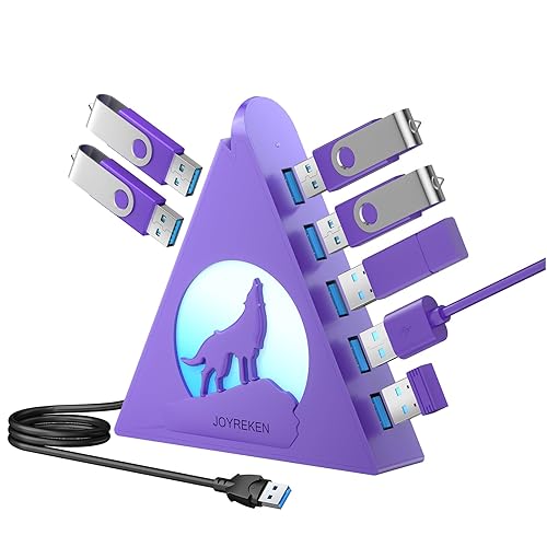 JoyReken Deep Purple 7-Port USB 3.0 Hub, RGB Vertical Gaming USB Hub Tower with 5Gbps Data Transfer, 2FT Cable - USB Hub Splitter for PC, MacBook, Laptop, PS5, Flash Drives - 2ft - Deep purple