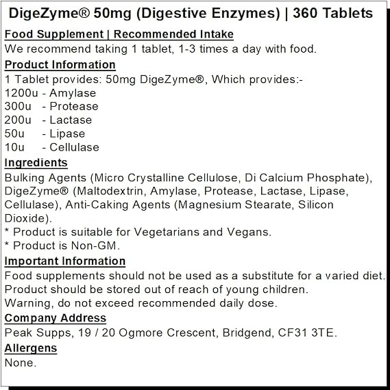Digestive Enzyme Tablets 50mg (DigeZyme®) - 360 Pills - Vegan