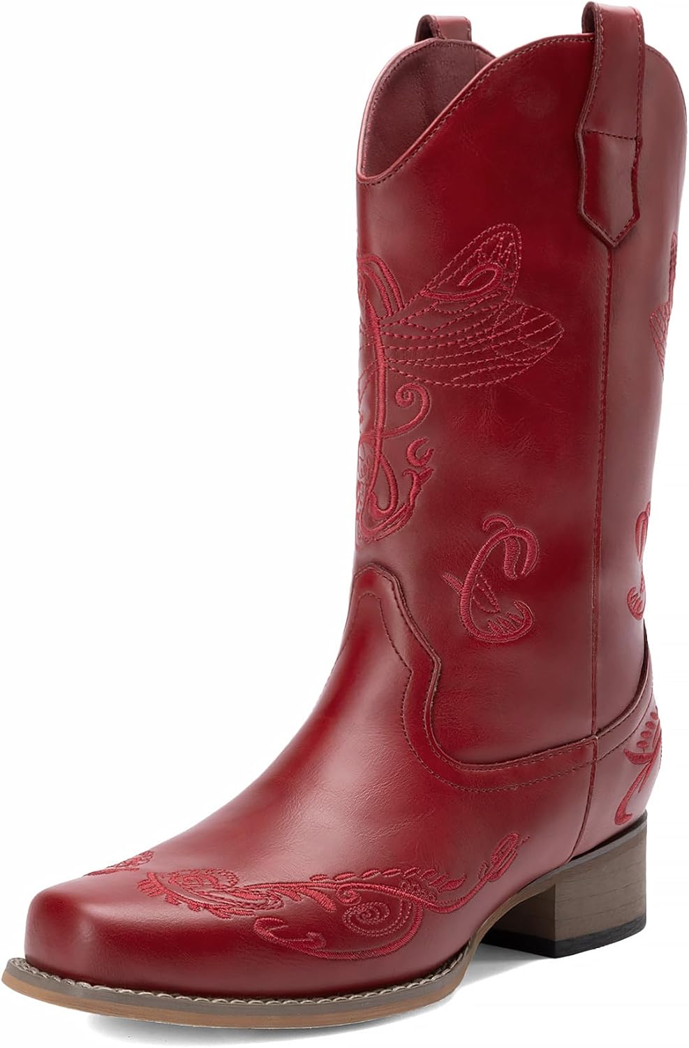 DREAM PAIRS Women's Square Toe Cowboy Cowgirl Boots Pull On Low Chunky Heel Mid Calf Western Boots with Embroidered Stitched for Theme Party Country Concert