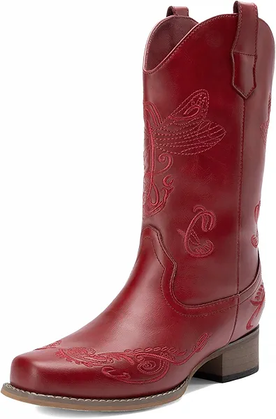 DREAM PAIRS Women's Square Toe Cowboy Cowgirl Boots Pull On Low Chunky Heel Mid Calf Western Boots with Embroidered Stitched for Theme Party Country Concert,Size 8,Red,SDMB2220W