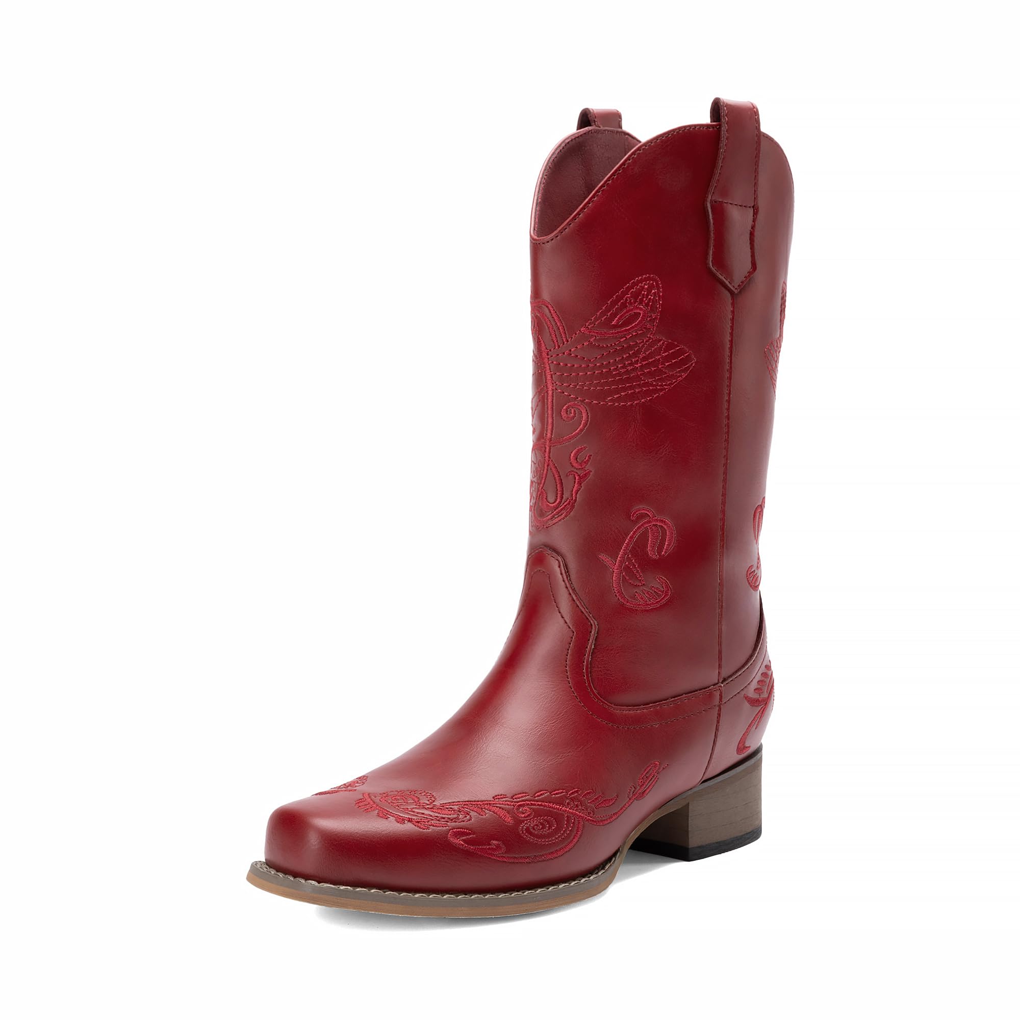 DREAM PAIRS Womens Square Toe Cowboy Cowgirl Boots Pull On Low Chunky Heel Mid Calf Western Boots with