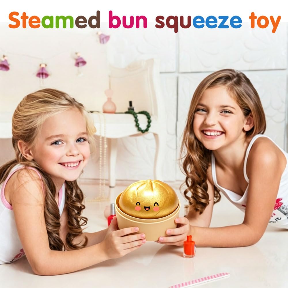 Dumpling Squishy, Glitter Dumpling, Giant Dumpling Squishy with Steamer Box, Stressball Langsame Rückfederung, Stressabbau-Spielzeug für Erwachsene (Gold) - 3