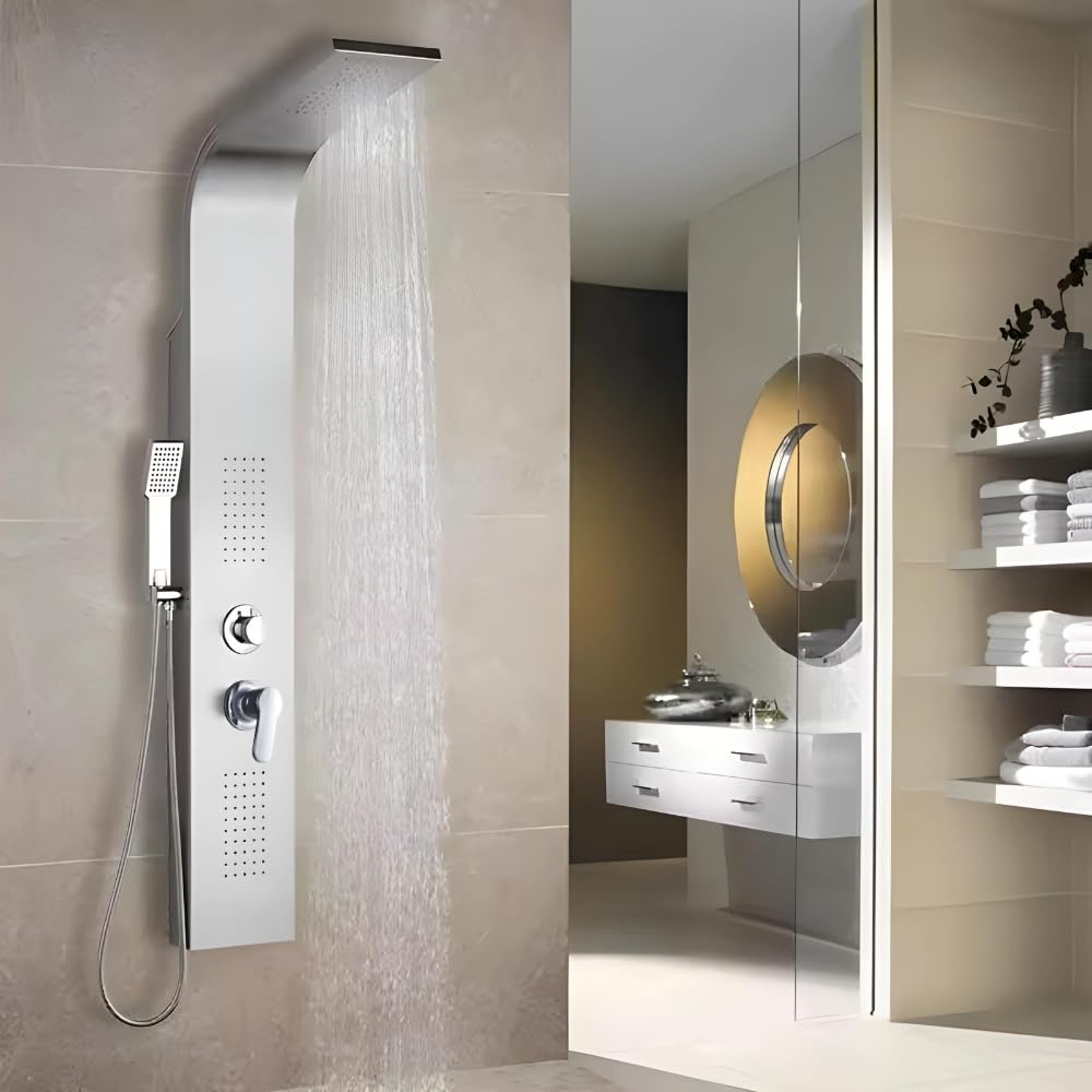 ZOLTA Panel Prysznicowy Srebrny – Zestaw Prysznicowy z Deszczownicą, Hydromasażem i Baterią, Nowoczesny Panel Natryskowy do Łazienki, Komfortowa Kąpiel SPA w Domu
