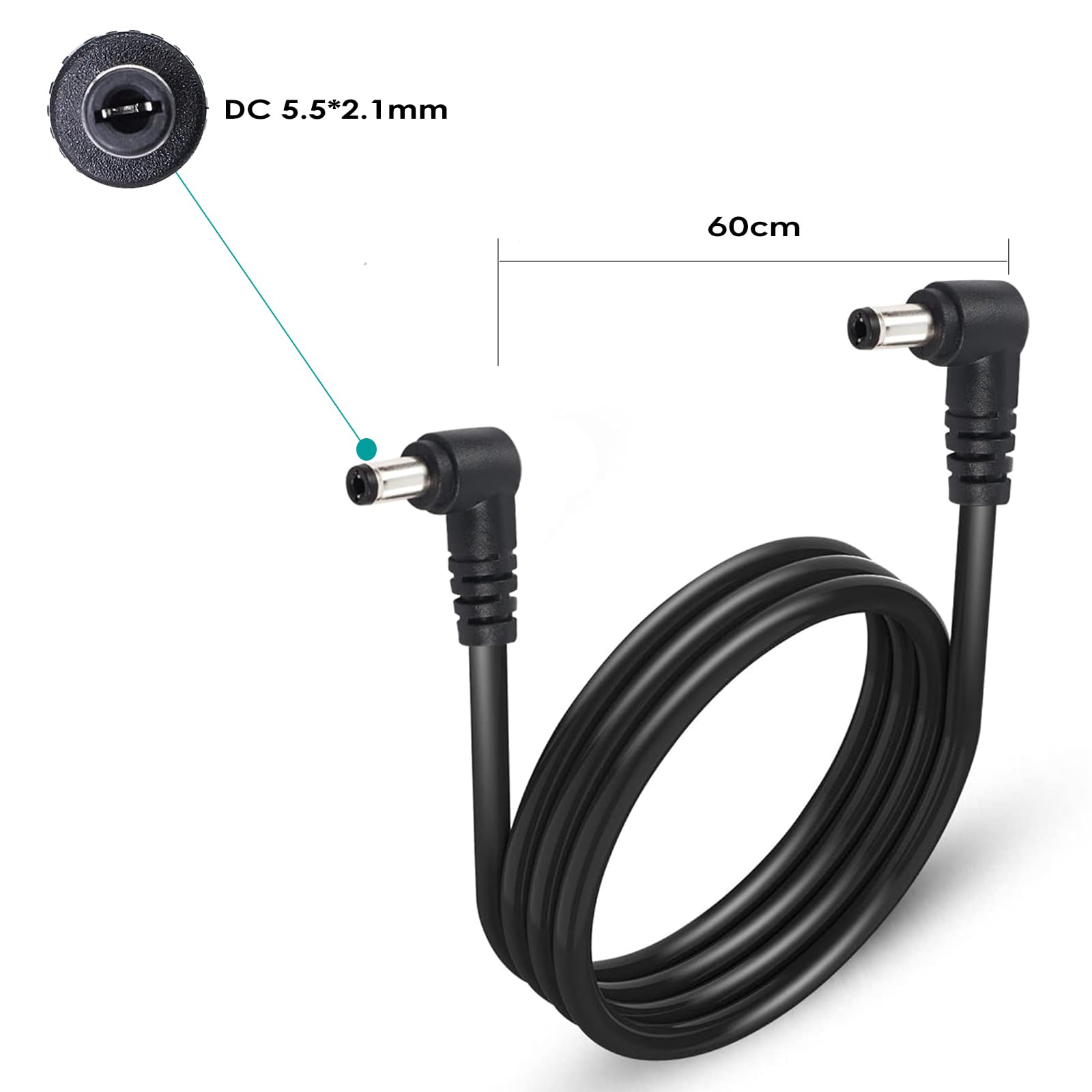 Gitarrenpedal-Netzkabel, rechtwinklig, 60 cm, 5,5 x 2,1 mm, rechtwinklig an beiden Enden, 9 Stück, Stecker auf Stecker