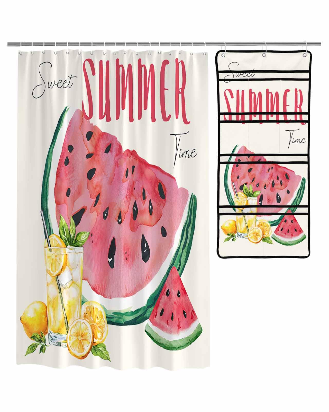 ZFUNCING Shower Curtain Mesh Shower Organizer Set Summer Lemon Juice Watermelon Waterproof Bath Curtains Hanging Shower Caddy Bathroom
