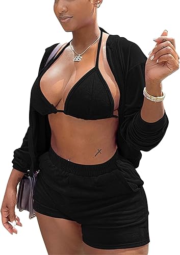 MOEENCN Conjuntos de sudadera para mujer de 3 piezas, traje deportivo de terciopelo con chaqueta con capucha y cremallera de manga larga y