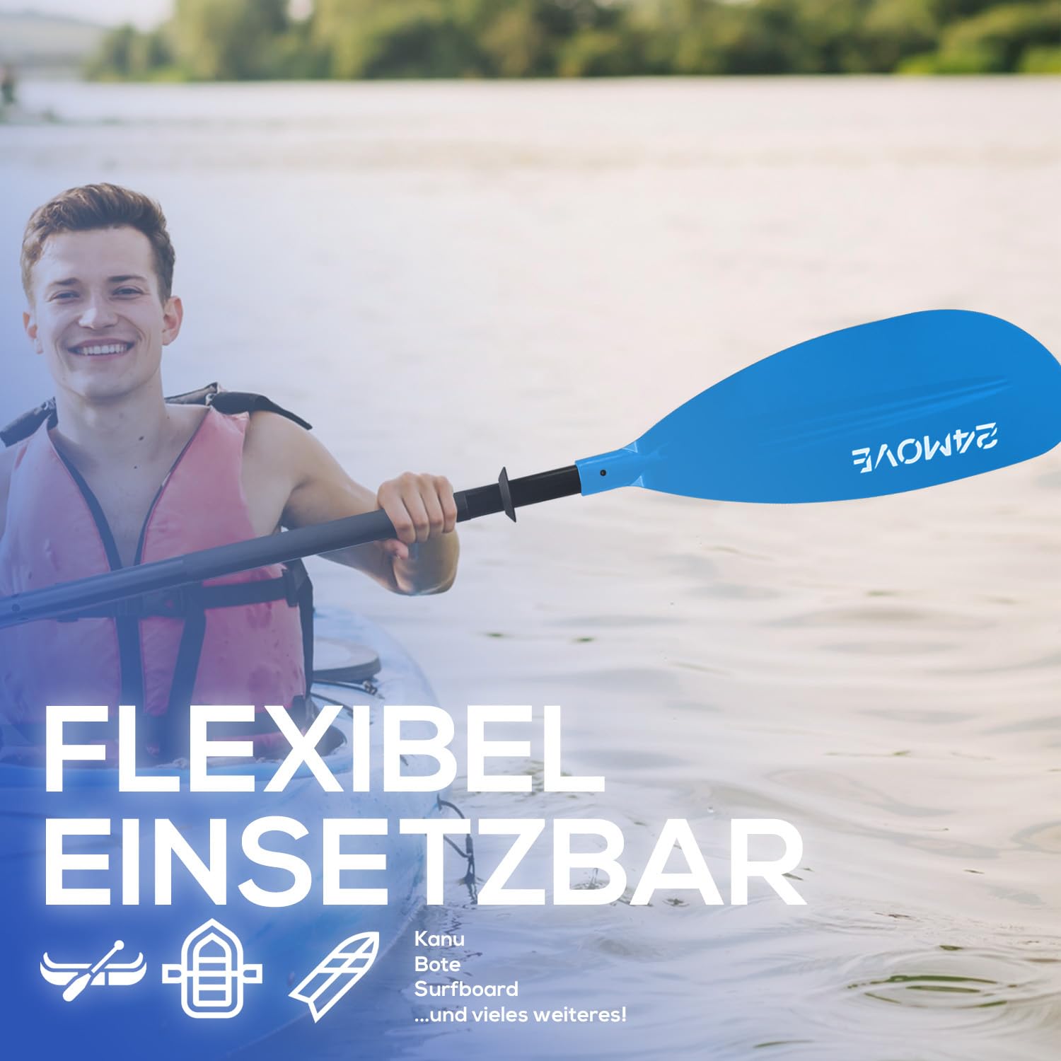 24MOVE® Doppelpaddel LAGO Paddel 220cm Kanupaddel Aluminium, Stand-Up Paddling, Paddel für Kajak, Schlauchboot, verstellbar