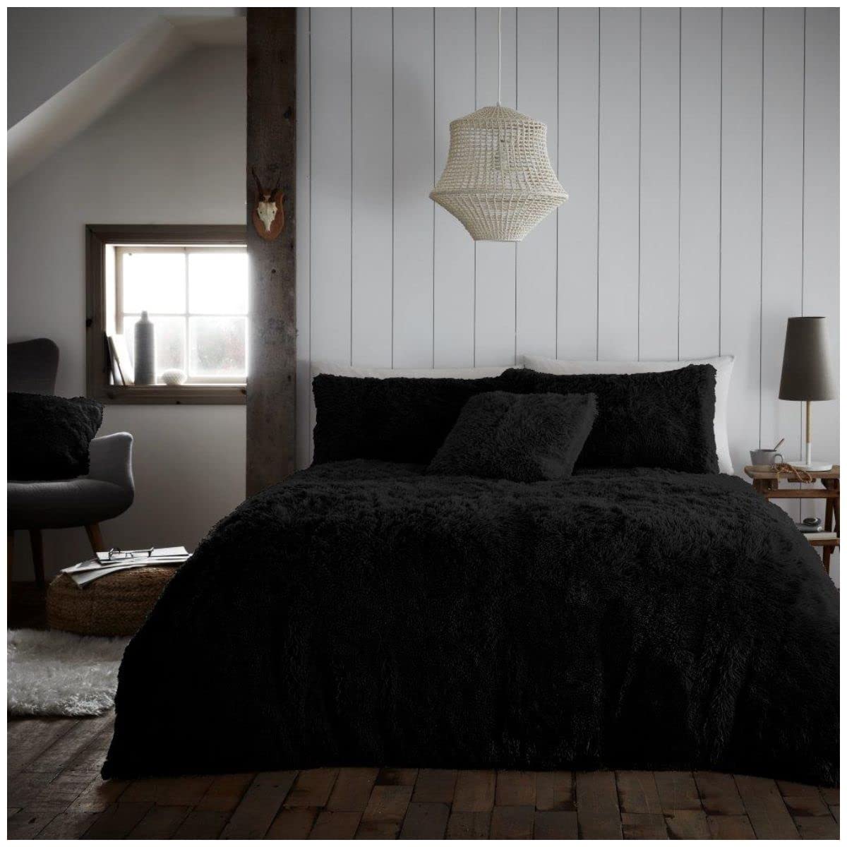 Gc Gaveno Cavailia Hugg & Snug-Black Hug & Snug Fluffy Fur Fleece King Size Duvet Cover Sets, Thermal Warm Long Pile Shaggy Faur Fur Bedding Sets With Matching Pillowcases, Black