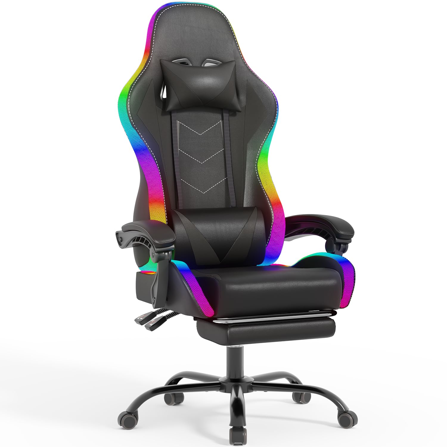 Devoko Silla Gaming con Masajeador y LED, Silla de Oficina Ergonómica con Reposapiés, Sillas Gaming para Oficina y Juegos con Iluminación RGB（Negro）