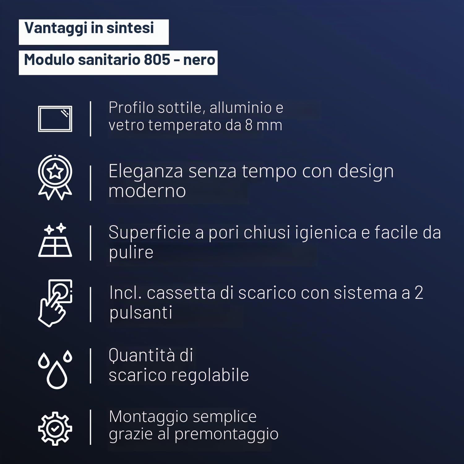 sistema modulo sanitario 805 di installazione per WC vaso sospeso a parete esterno- con pulsante di scarico - in alluminio e vetro nero - cassetta monoblocco - bella e funzionale