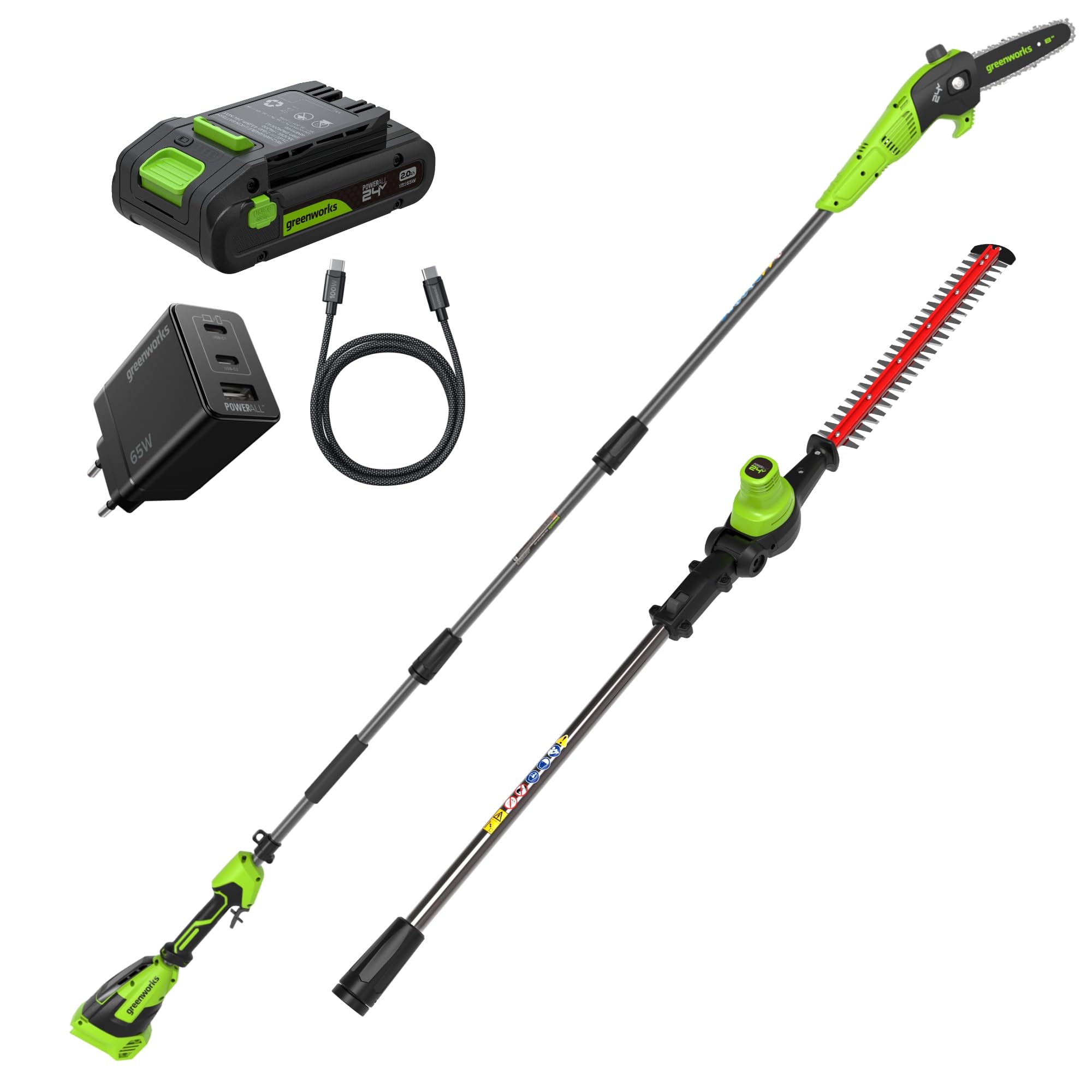 Greenworks Cortasetos + Sierra telescópica 2-en-1 24V con batería 4,0Ah & Cargador USB-C 65W, Motor brushless, Hoja 51 cm, Sierra 20 cm, Cabeza giratoria 112,5°, pértiga 3 Piezas CKPH321A2