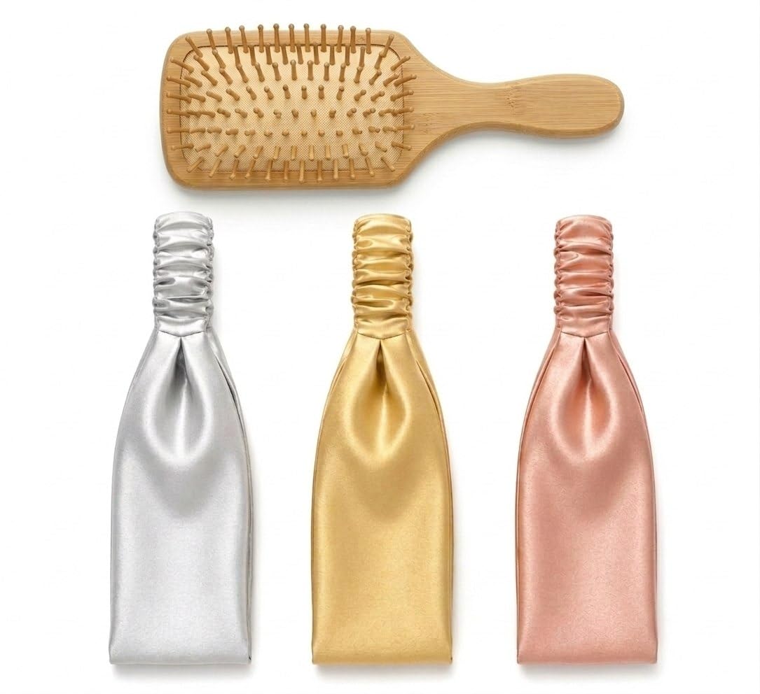 Bamboo Paddle Hair Brush with Satin Headbands Set | Bamboo Hair Brush and 3 Head Bands Gold Rose Mauve Silver Combo | Fashion Hair Accessories for Women & Girls | Daily Styling Office Party Gift Set-image-41