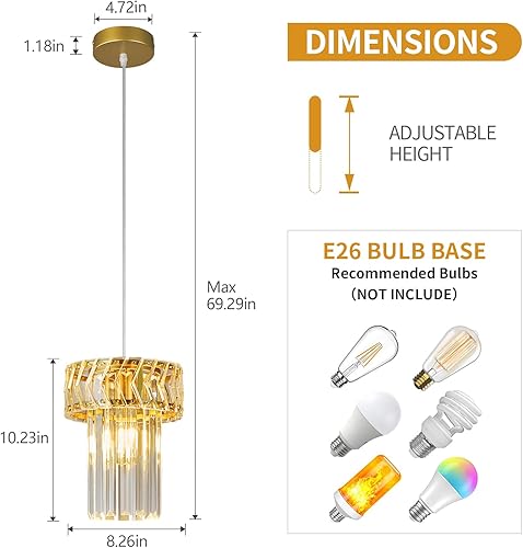 Miniatura 5 de Lámpara colgante moderna dorada, candelabros de cristal, lámpara colgante ajustable para cocina, isla, sala de estar, pasillo, dormitorio (oro, 1