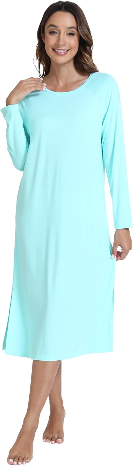 WiWi Long Sleeve Bamboo Viscose Nightgowns for Women, Soft Cooling Sleep Night Dress Shirts for Women Sleepwear S-XXL