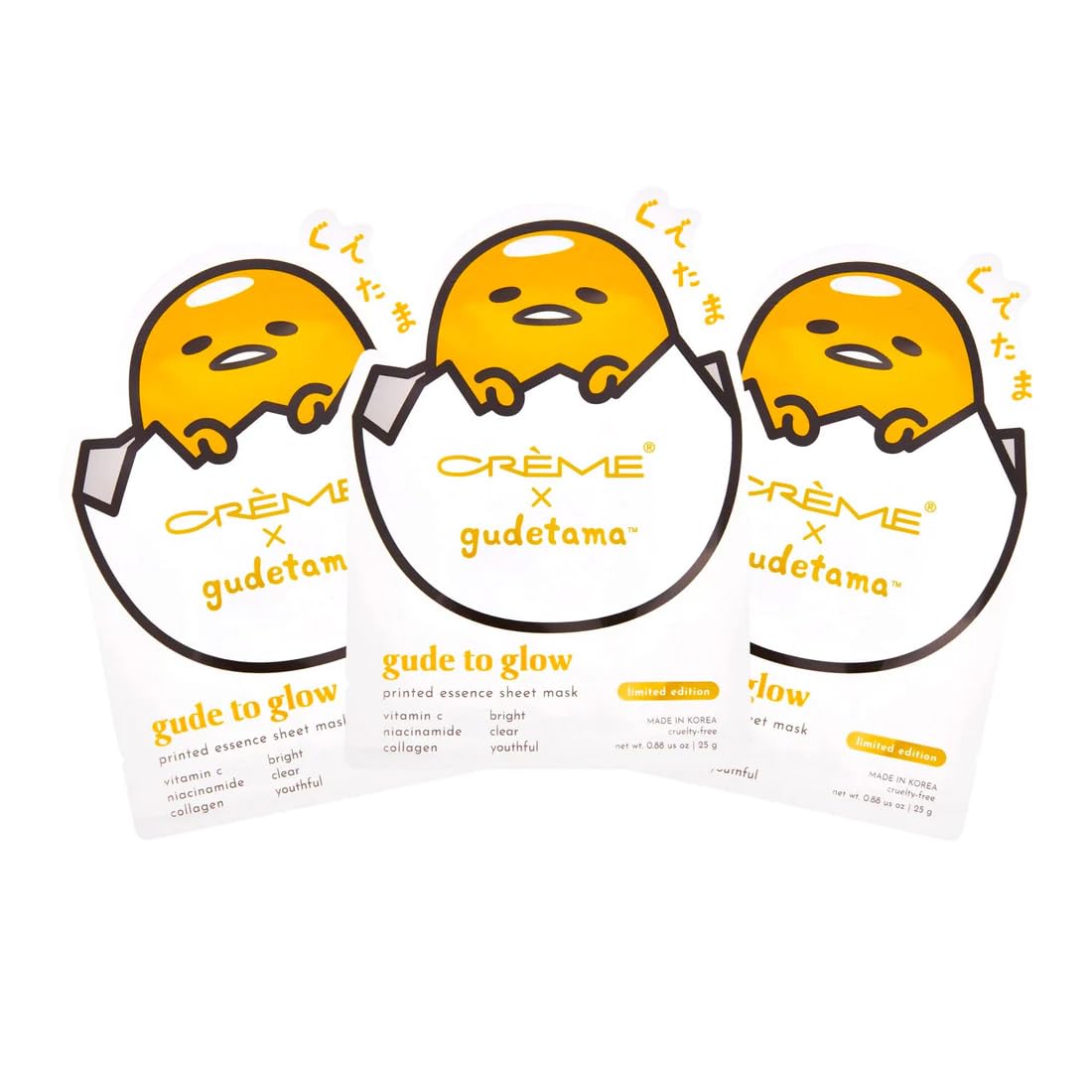 The Crème Shop Gudetama Glow Sheet Mask (3 Count) Vitamin C, Niacinamide, Collagen, Brightening, Oil Control & Revitalizing Youthful Glow