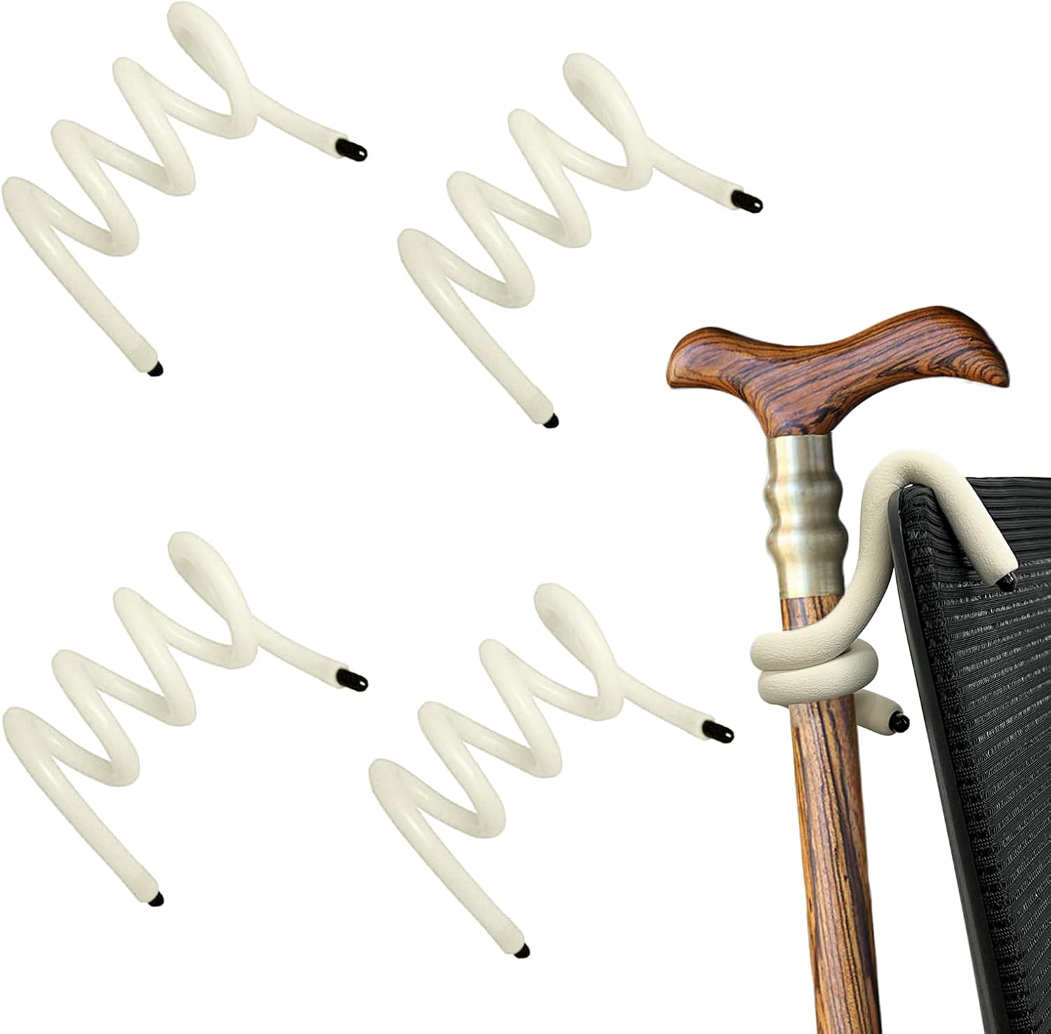 Walking Cane Holder – Bendable Walking Stick Storage Grabber Hanger, Crutch Reaching Accessories for Attaching Crutch to Chair, Walker, Mobility Scooter, 4 Pcs