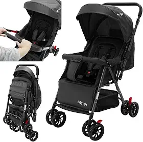 Carrinho de Bebê Reversível Passeio Runner até 15kg com Capota Retratil Reclinável Bandeja Cesto 4 Rodas Travas Cinto 5 Pontos e INMETRO (Preto)