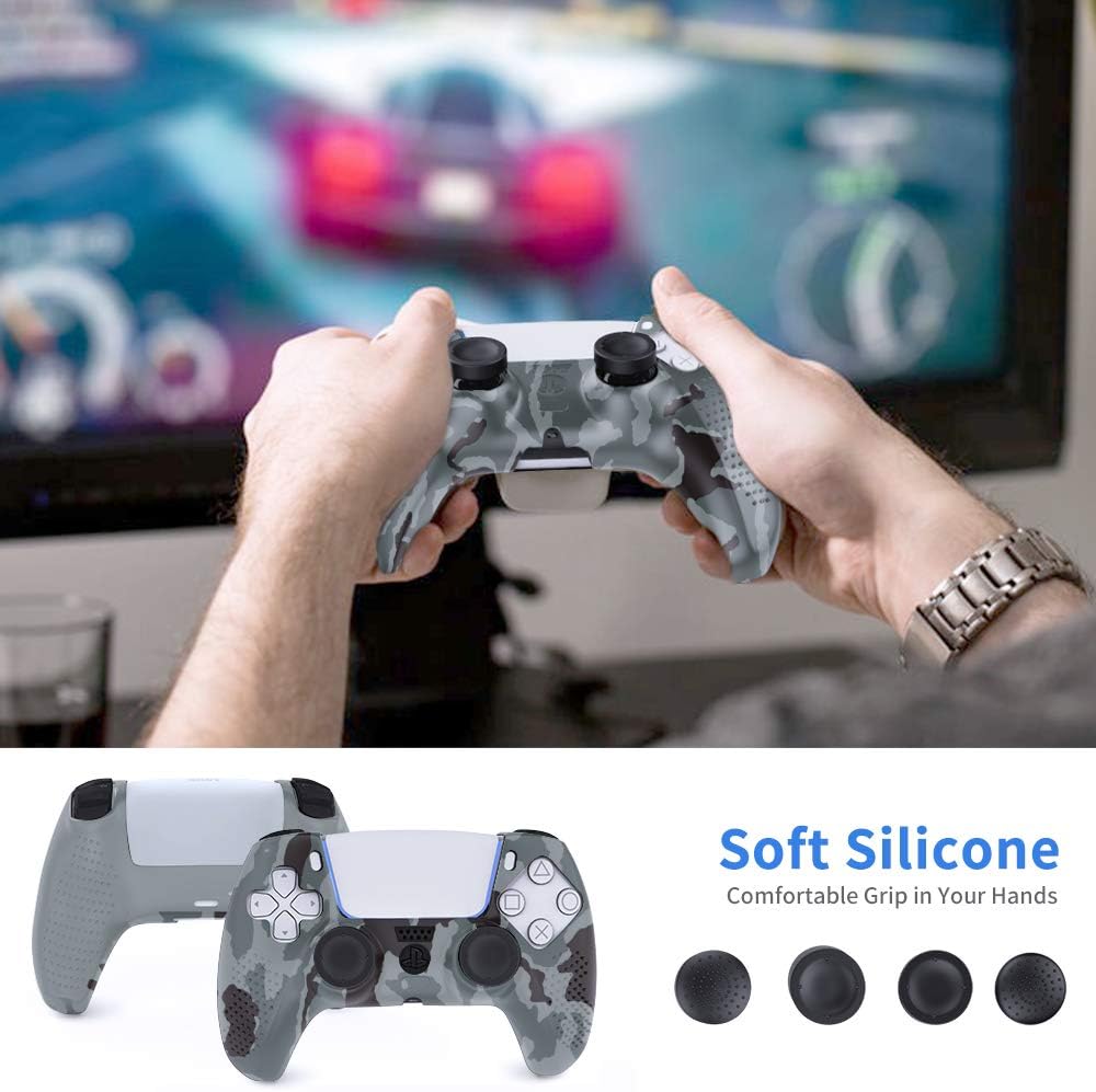 TiMOVO Cover for PS5 Controller Case Skin with 8 Thumb Grip Caps, Anti Slip Silicone Proetective Case for PS5 DualSense Wireless Controller, Gray