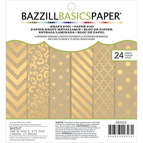 6 x 6-inch Kraft with Gold Foil Paper Pad by Bazzill Premium Paper | Includes 24 6 x 6-inch double-sided sheets in 6 different designs