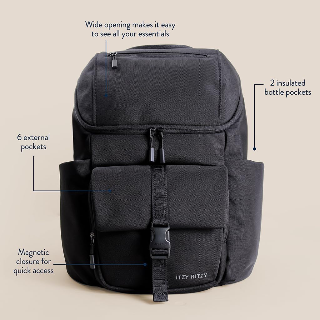 Itzy Ritzy Belong Bucket Backpack – Lightweight Diaper Bag Backpack Featuring 16 Pockets, Bucket Top Opening, Stroller Straps & Changing Pad – Organized and Stylish Everyday Family Backpack (Black)