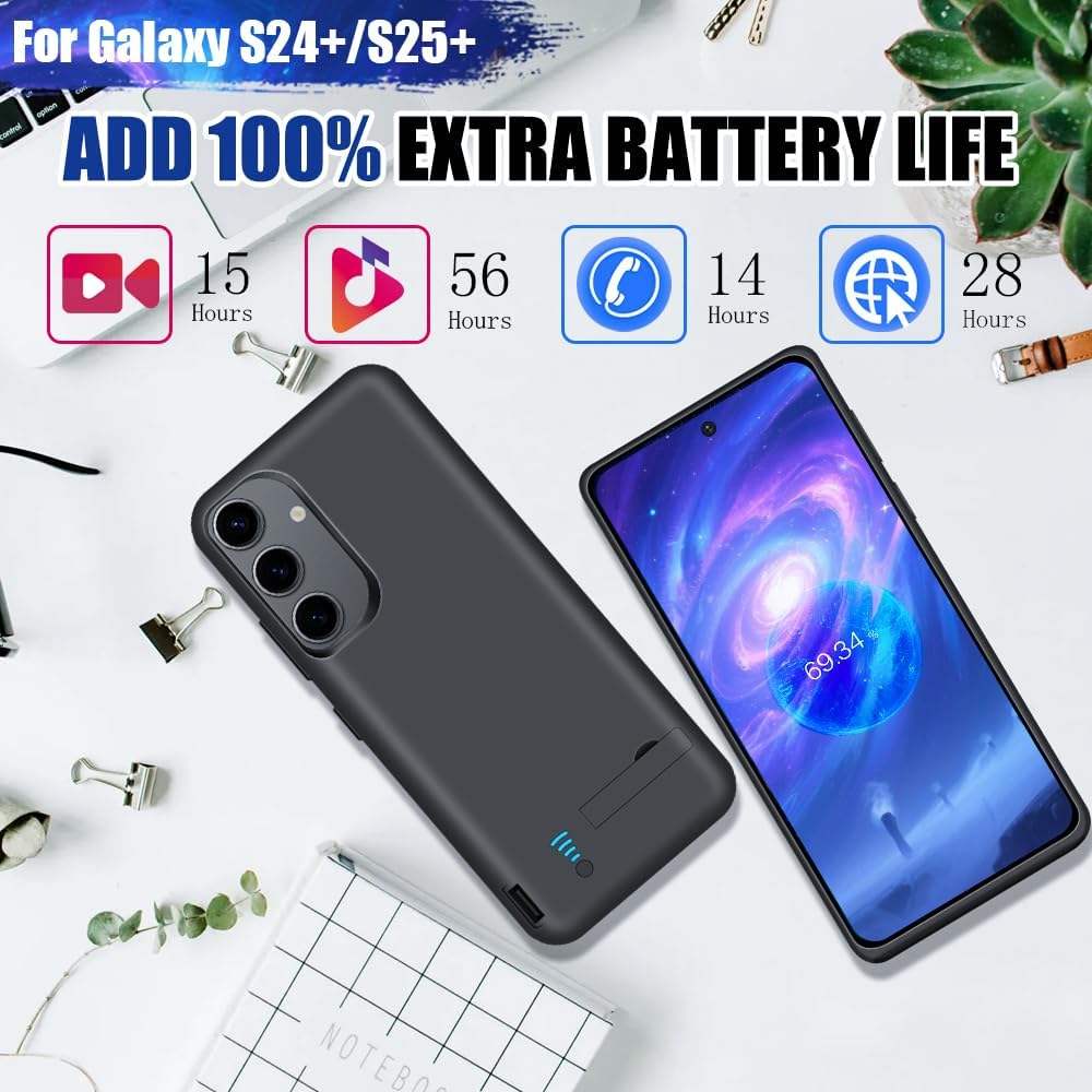 [Upgraded Battery Case for Samsung Galaxy S25+ / S24+, 5000mAh Rechargeable Extended Battery Charging Charger Case, Add 100% Extra Juice (6.7 Inches) Black