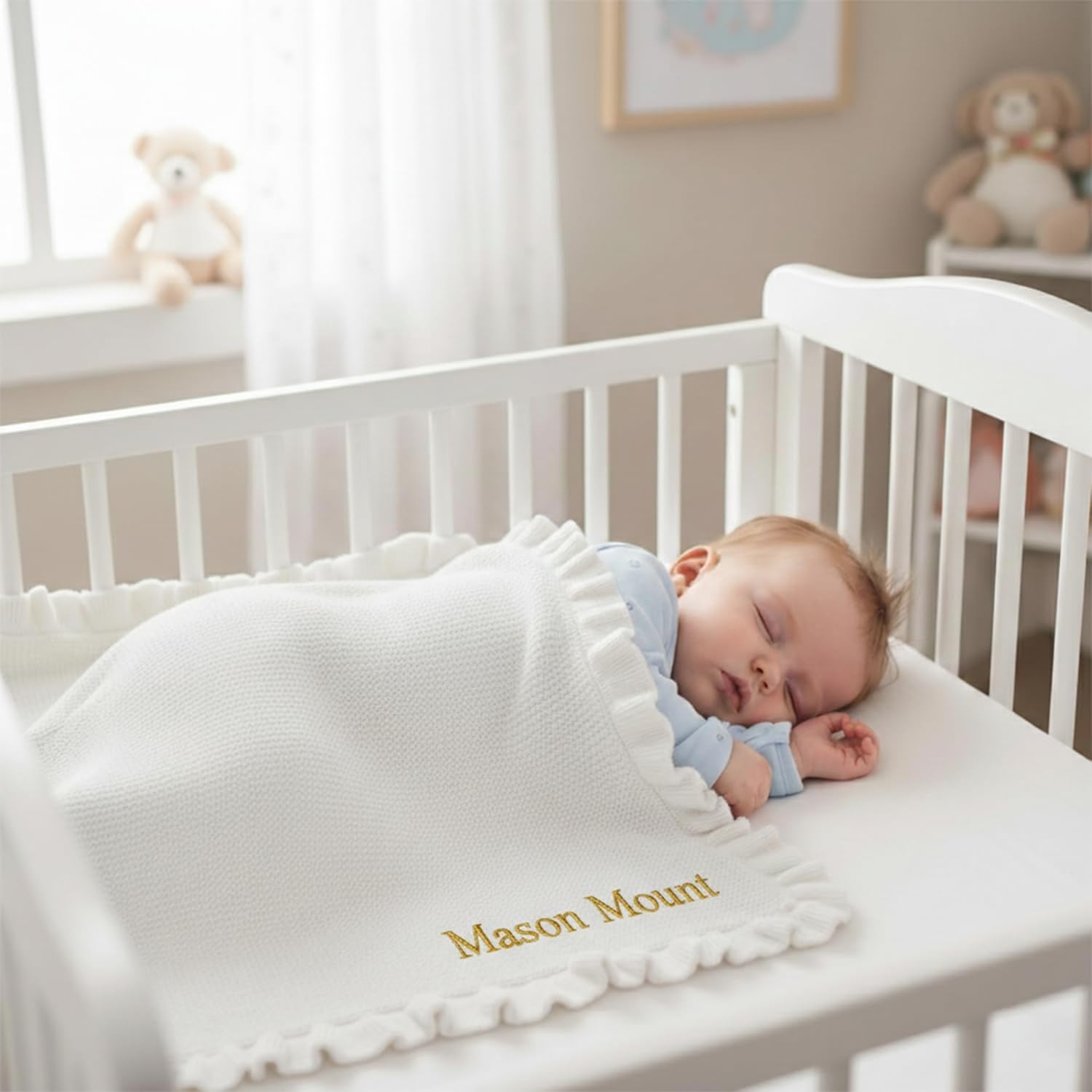 Custom Baby Blanket with Name, Knit Baby Blanket with Ruffle Edge, Personalized Soft Lightweight Swaddle for Newborn, Infant, Toddler, 3 Size Options - Image 2