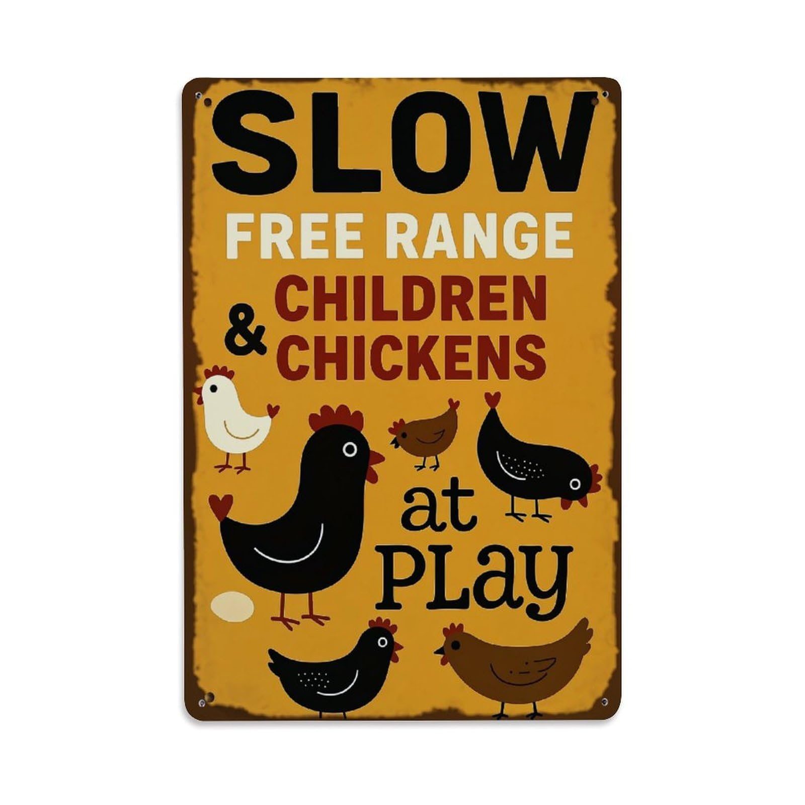 Slow Free Range Children Chickens At Play Retro Metal Tin Sign, Vintage Decor Art Poster for Bar, Home, Man Cave, Kitchen, Laundry Room Gift 8x12Inch