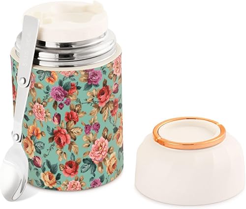 MCHIVER Colorful Flowers Leaves Food Jar with Spoon Stainless Steel Vacuum Insulated Food Container 17 oz Soup Thermos for Lunch