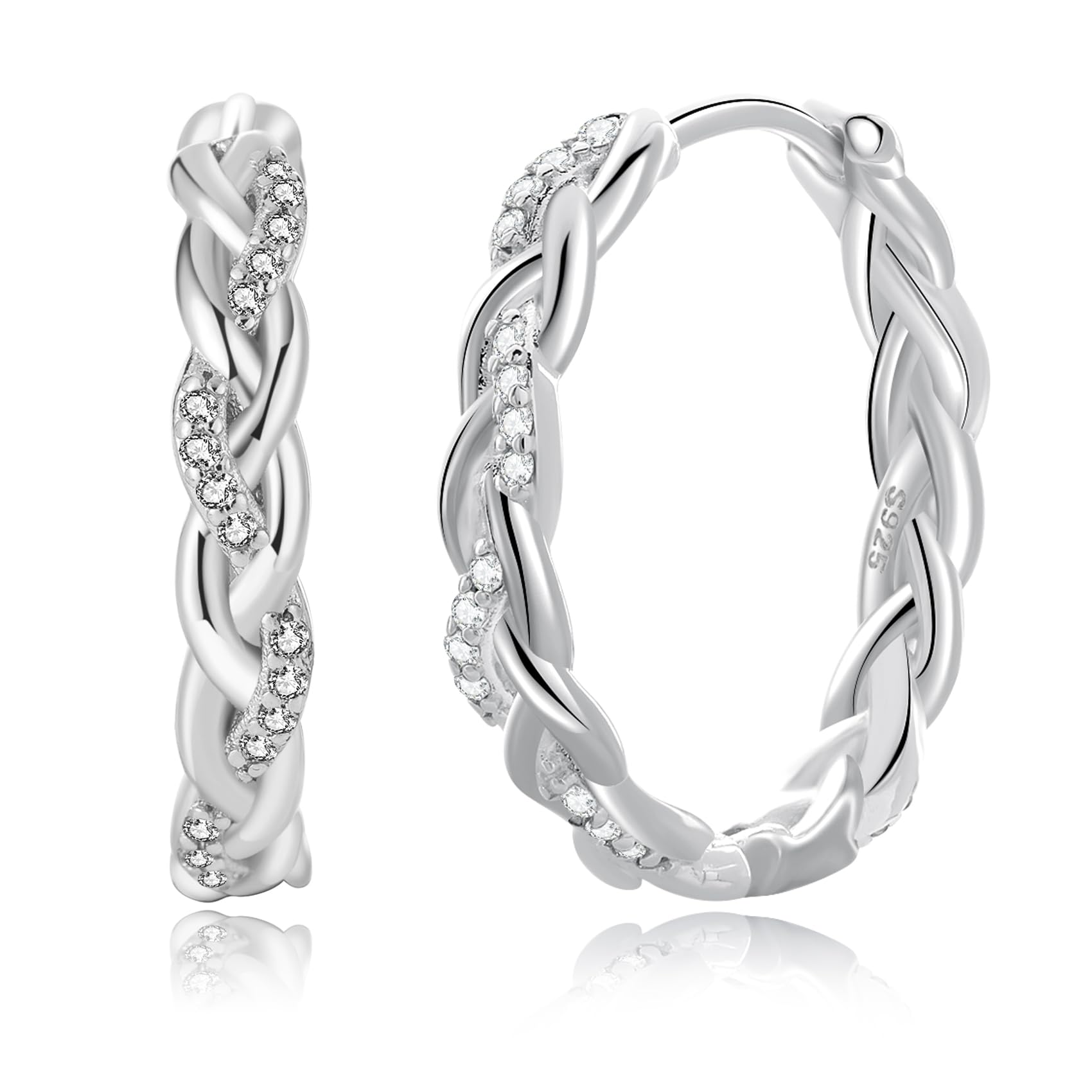 Sterling Silver Hoop Earrings,Hypoallergenic Twisted Silver Hoops Earrings for Women Lightweight SilverHoop Earring with Cubic Zirconia (15/20 MM)